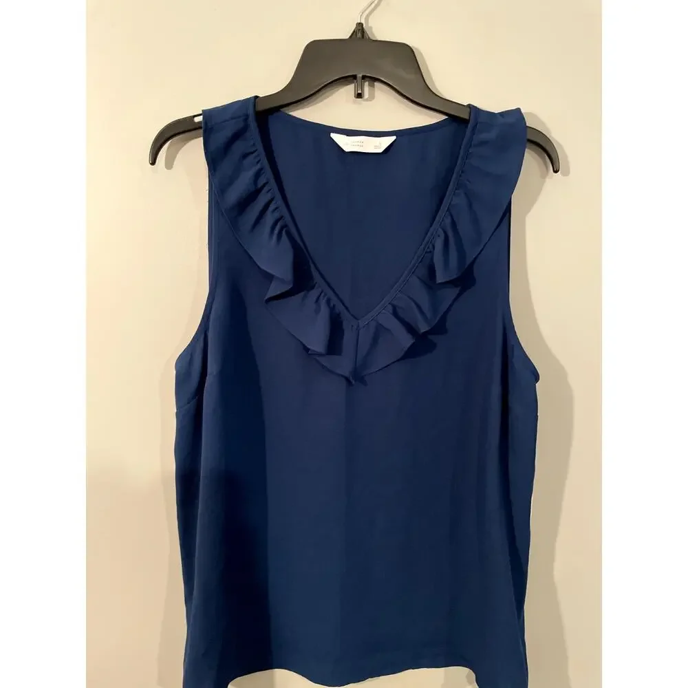NWT LC Lauren Conrad Solid Blue Ruffle Neckline Blouse - Size L - Picture 1 of 7
